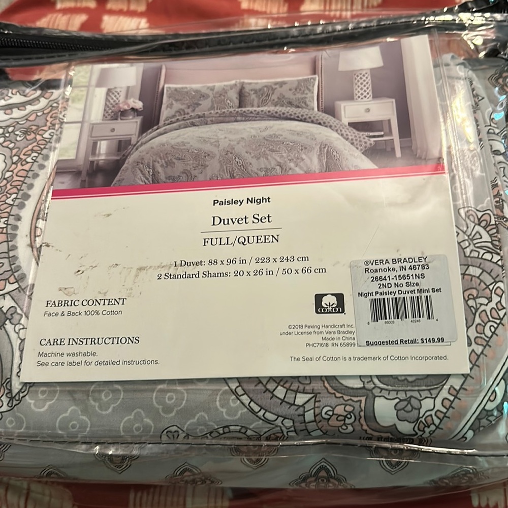 NWT Vera Bradley Full/Queen Duvet Set